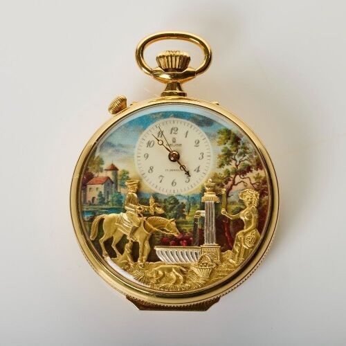 Charles Reuge, "The Fountain" Musical Automaton Alarm Pocket Watch with Box, circa 1990-2000's