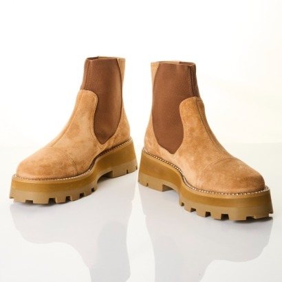 Jimmy Choo, Caramel Suede Crystal Embellished Chelsea Ankle Boots, Size 37.5