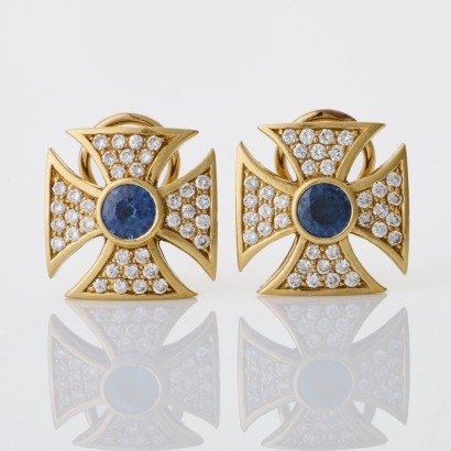 18ct Yellow Gold, Sapphire / 1.02ct Diamond Maltese Cross Earrings