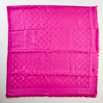 Louis Vuitton, Fuschia, 60% Silk / 40% Wool Monogram Shawl with Box