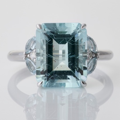 18ct White Gold, 5.91ct Emerald Cut Aquamarine / 0.25ct Marquise Aquamarine / 0.06ct Diamond Ring