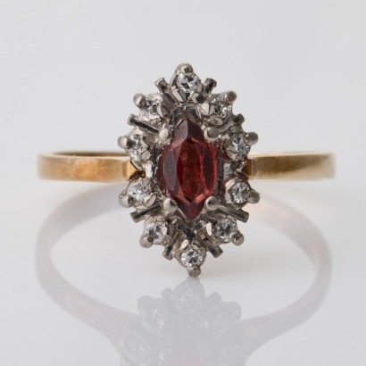 9ct Yellow Gold, 0.30ct Marquise Cut Garnet / 0.05ct Diamond Cluster Ring