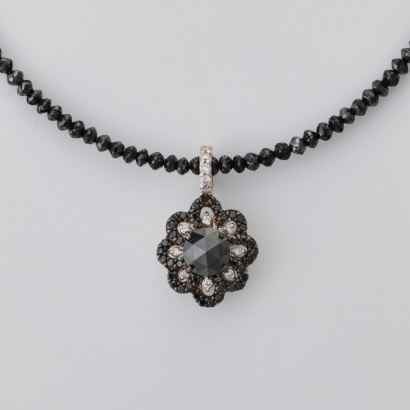 18ct White Gold, 1.23ct Black Diamond / 0.10ct Diamond Cluster Pendant on Chain