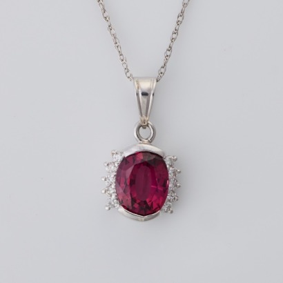 Platinum, 1.35ct Garnet / 0.09ct Diamond Pendant on 45cm Trace Chain