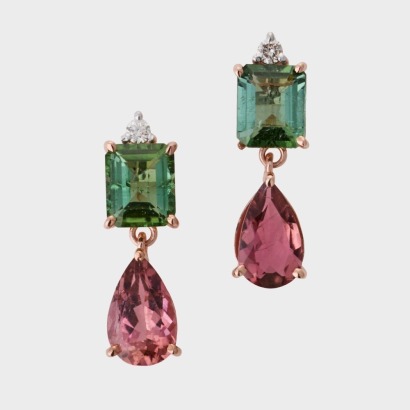 14ct Rose Gold, Green Tourmaline / Pink Tourmaline / 0.06ct Diamond Drop Earrings