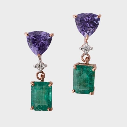 14ct Rose Gold, Emerald / Tanzanite / 0.06ct Diamond Drop Earrings