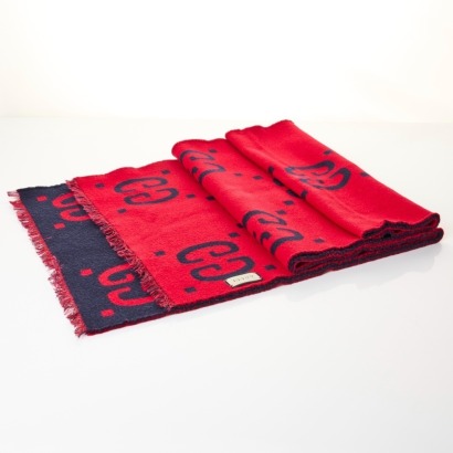 Gucci, Navy / Red, 91% Wool / 9% Silk, Reversible Scarf