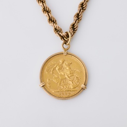 9ct Yellow Gold, 53cm Rope Chain with 1894 Sovereign Coin Pendant