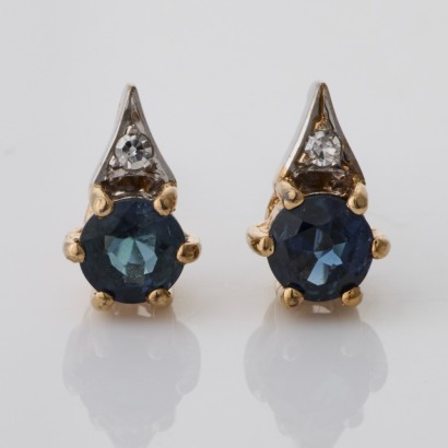9ct Yellow Gold, Vintage, Sapphire / .02ct Diamond Stud Earrings