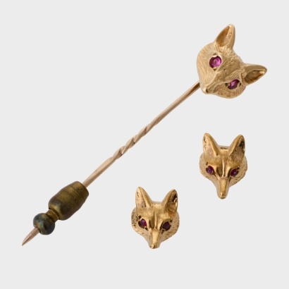 9ct Yellow Gold, Fox Motif Stick Pin / Stud Earring Set