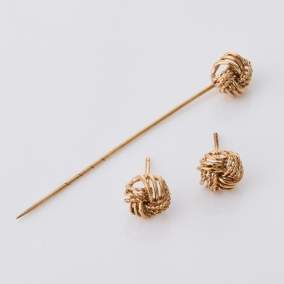 9ct Yellow Gold, Twisted Wire Knot Stick Pin / Stud Earring Set
