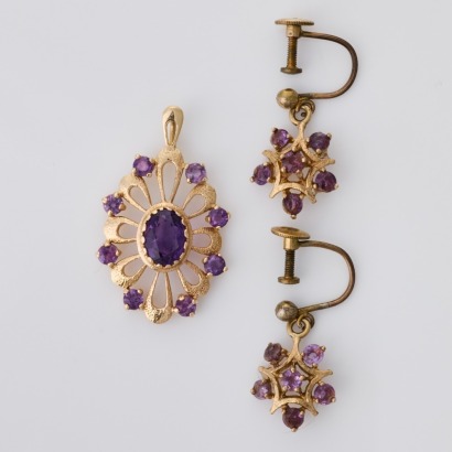 9ct Yellow Gold, Floral Amethyst Pendant / Floral Amethyst Earring Suite