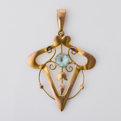9ct Yellow Gold, Art Nouveau Style, Blue Stone Pendant