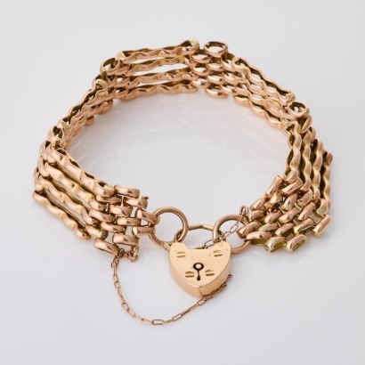 9ct Rose Gold, 16cm Four Bar Gate Bracelet with Padlock