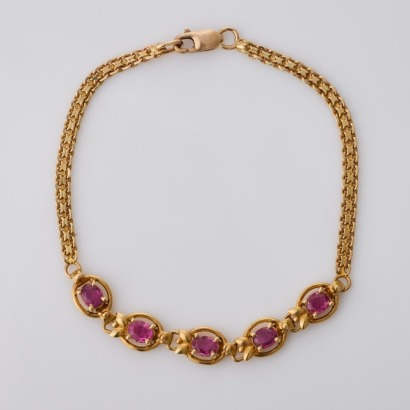 14ct Yellow Gold, 16cm, Oval Mixed Cut Pink Sapphire Bracelet