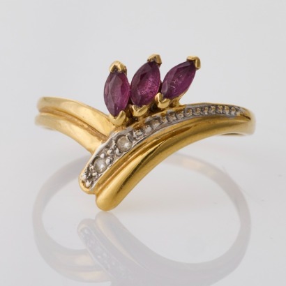 18ct Yellow Gold, Marquise Cut Ruby / 0.02ct Diamond Dress Ring