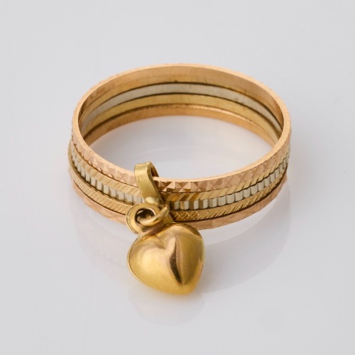 14ct Yellow / White / Rose Gold, Multi Band Ring with Puff Heart Charm
