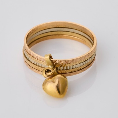 14ct Yellow / White / Rose Gold, Multi Band Ring with Puff Heart Charm