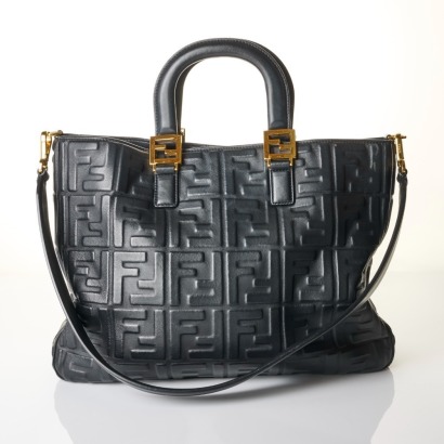 Fendi, Black Embossed Leather Tote Bag