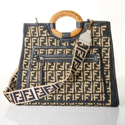 Fendi, Raffia Runaway Shopping Tote with Canvas Strap