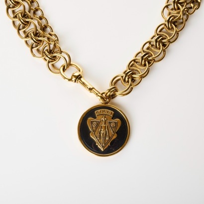 Gucci, 98cm Gold-tone Chain Belt with Black Enamel Crest Charm