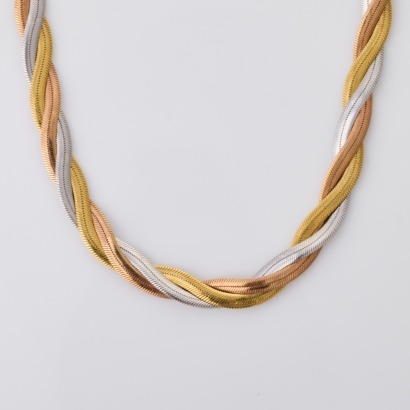 9ct Tri-colour Gold, 50cm Italian, Rope-style, Flat Link Herringbone Necklace