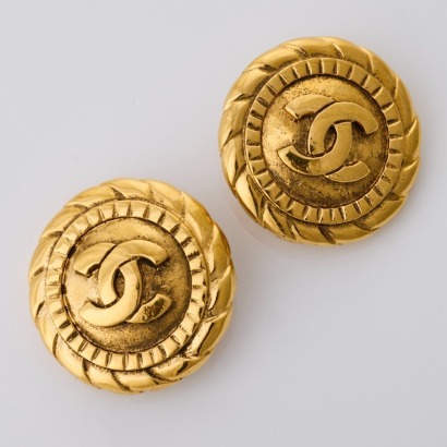 Chanel, Vintage, Gold-plated, CC Logo Button Clip-on Earrings with Box