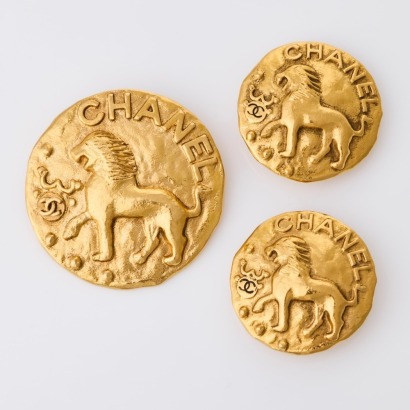 Chanel, Vintage, Gold-plated, Lion Coin Earring / Matching Brooch with Box