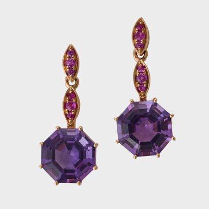 18ct Rose Gold, 3.62ct Octagonal Amethyst / .013ct Ruby Fancy Drop Earrings
