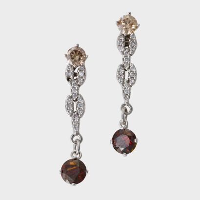 18ct White Gold, 0.20ct Light Brown-Yellow Diamond / 0.95ct Cognac Colour Diamond (treated) Drop Earrings