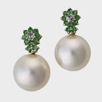 14ct Yellow Gold, .50ct Tsavorite / .20ct Diamond / 12.7mm-13.55mm Cultured Pearl Earrings