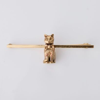 9ct Yellow Gold, Vintage, Cat with Bow, Bar Brooch