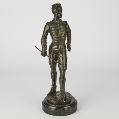 A Bronze Sculpture of Napoleonic French Hussar Soldier on Marble Base