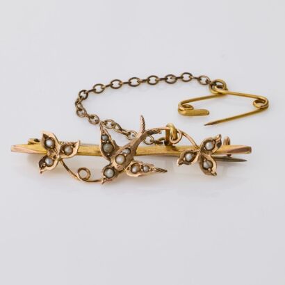 9ct Yellow Gold, Seed Pearl Swallow Edwardian Bar Brooch