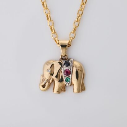 9ct Yellow Gold, Ruby / Sapphire / Emerald / Diamond Elephant Pendant on 50cm, 9ct Yellow Gold Chain