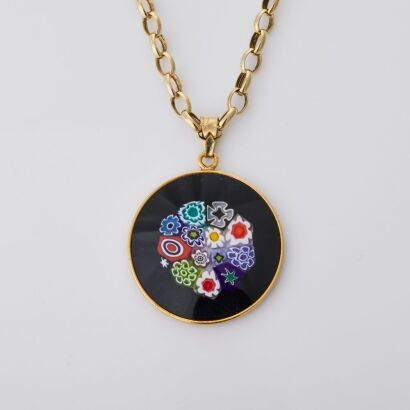9ct Yellow Gold, Modern, Murano Millefiori Pendant on 65cm, 9ct Yellow Gold, Oval Link Chain