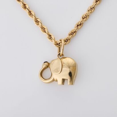 9ct Yellow Gold, Hoilow Elephant Pendant on 76cm Rope Chain