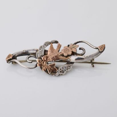Antique, Sterling Silver / 9ct Rose Gold, Swallow Brooch