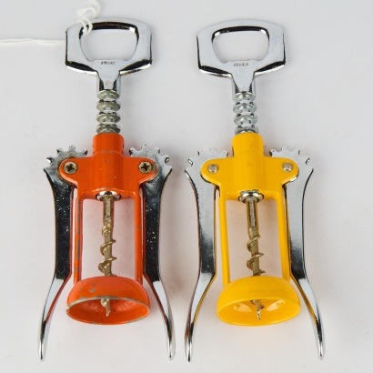 A Pair of Italian Mid-Century Winged Corkscrews in Yellow and Orange Enamel