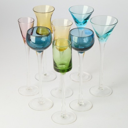 A Set of Eight Tall Vintage Multicolour Liqueur Glasses