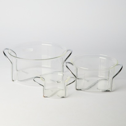 A Set of Three Vintage Bodum Denmark Glass Serving Bowls in Chrome Stands