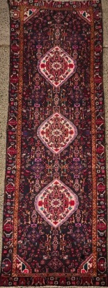 A Vintage Handknotted Wool Hamedan Runner in Dark Blue and Pinks