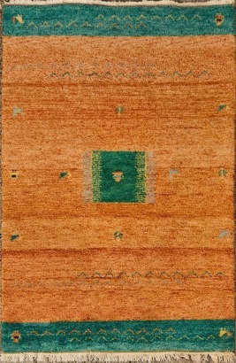A Vintage Wool Gabbeh Rug in Peach and Green