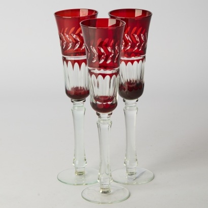Three Ruby Cut to Clear Faceted Champagne Flutes