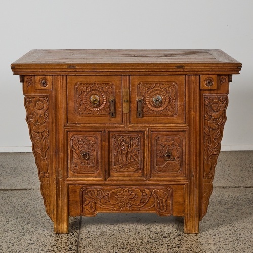 A Chinese antique wooden recessed-leg table with upturned ends (Qiaotou An)