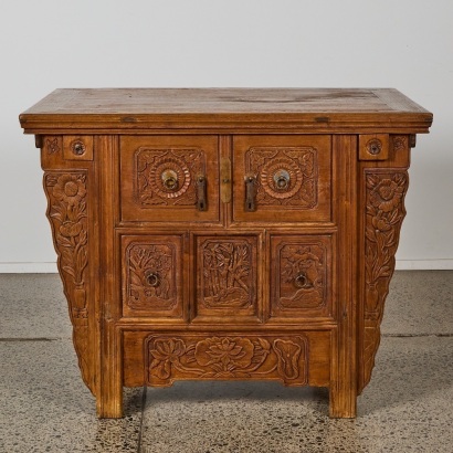 A Chinese antique wooden recessed-leg table with upturned ends (Qiaotou An)