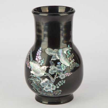 A Vintage Black Laquer Vase With Mother of Pearl Inlay