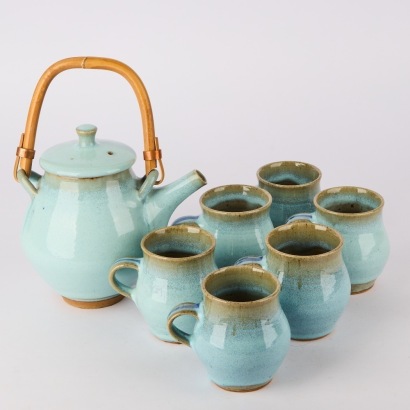 A Set of Seven Peter Stichbury Tea Set in a Chun Glaze