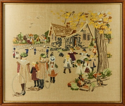 A Vintage Crewel Embroidery of a Schoolyard
