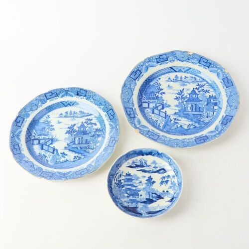 A Set of Two English 18th Century Blue and White Chinese-style LandscapeDishes and A Small Blue and White LandscapeDish